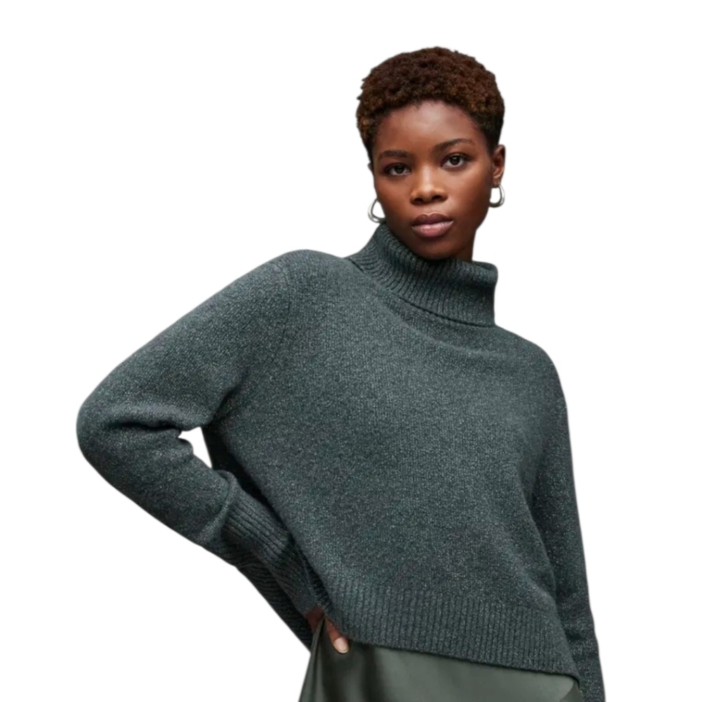 All Saints Cropped Shimmery Gray Turtleneck Sweater Size S